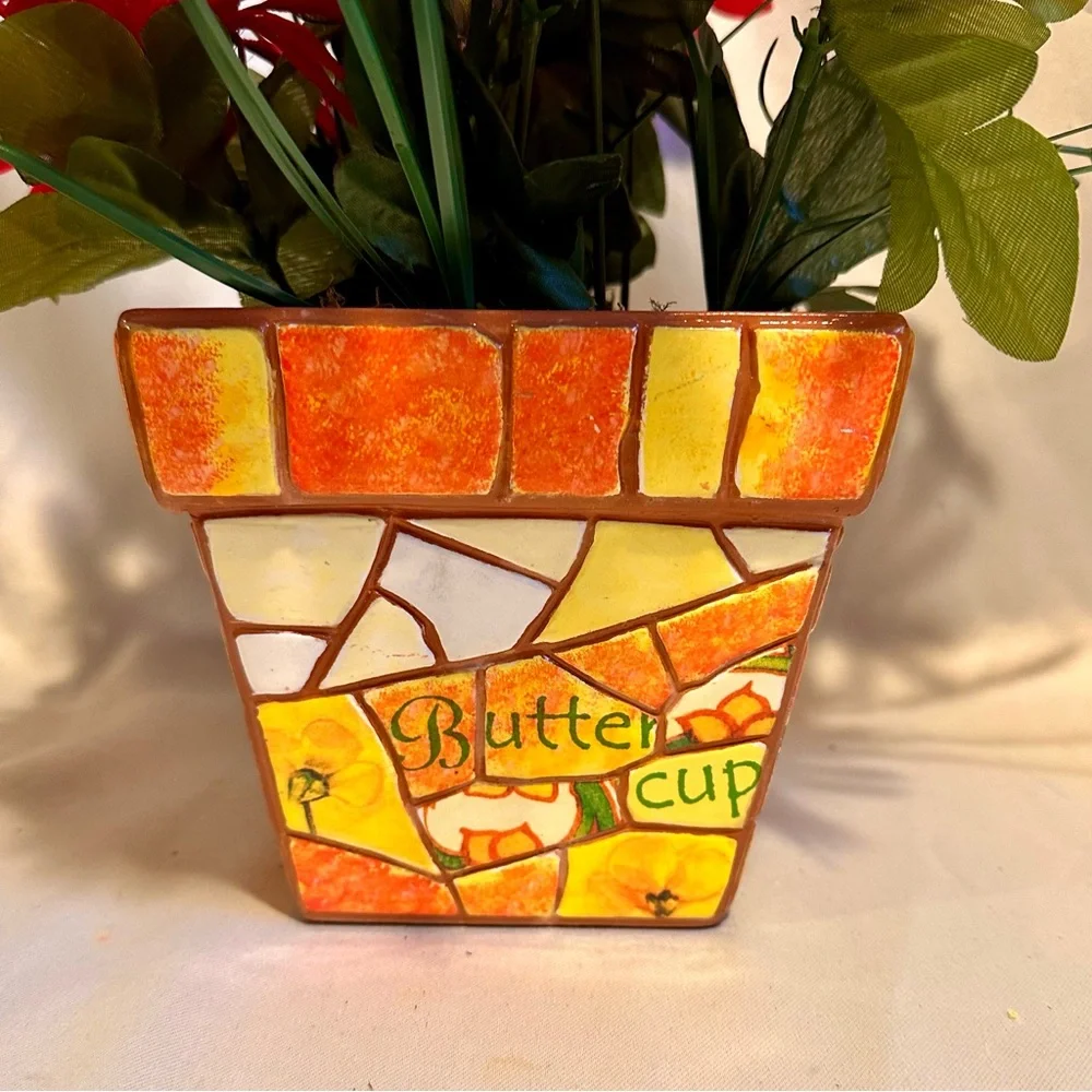 Daisy Floral Arrangement in Mosaic Ceramic Pot Yellow Orange Red